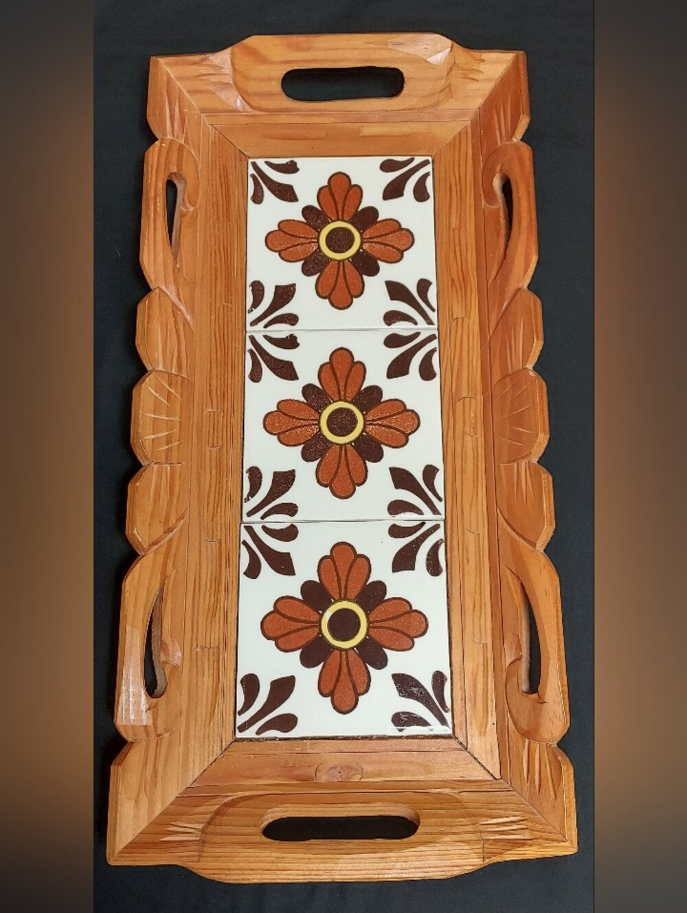 Mexican Hand Carved Wooden 3 Tile Tray With Handles Brown White 17.5" Native